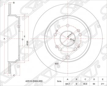 Диск тормозной SAT (задний, не вентилируемый, Ø302) Honda CR-V RE1,RE2,RE3,RE4,RE5,RE7 дорестайлинг (2007-2010)