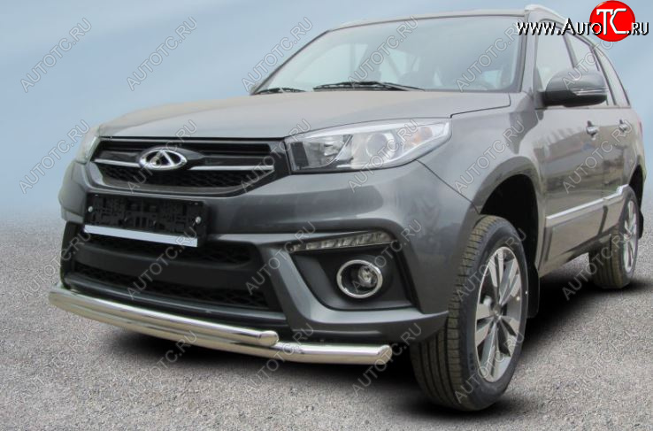 13 899 р. Защита переднего бампера Slitkoff (Ø 57 и 42 мм). Chery Tiggo 3 (2014-2020) (Полированная нержавеющая сталь)  с доставкой в г. Воронеж