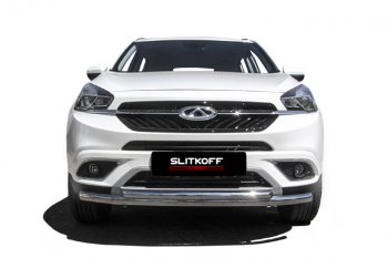 12 299 р. Защита переднего бампера Slitkoff (Ø 57+Ø 42).  Chery Tiggo 7 (2016-2020) (Полированная нержавейка)  с доставкой в г. Воронеж. Увеличить фотографию 3
