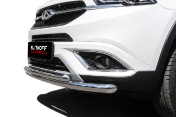 12 299 р. Защита переднего бампера Slitkoff (Ø 57+Ø 42).  Chery Tiggo 7 (2016-2020) (Полированная нержавейка)  с доставкой в г. Воронеж. Увеличить фотографию 2