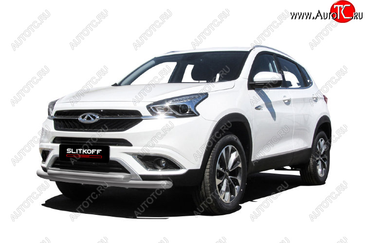 8 599 р. Защита переднего бампера  Slitkoff (Ø 57+Ø 42). Chery Tiggo 7 (2016-2020) (Цвет: серебристый)  с доставкой в г. Воронеж