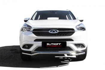 11 599 р. Защита переднего бампера Slitkoff (Ø 42 мм, волна)  Chery Tiggo 7 (2016-2020) (Полированная нержавейка)  с доставкой в г. Воронеж. Увеличить фотографию 2