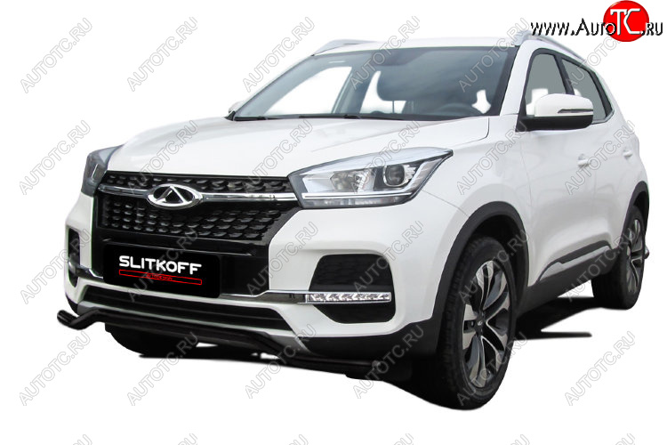 7 999 р. Защита переднего бампера Slitkoff (Ø 42 мм, волна) Chery Tiggo 4 1-ый рестайлинг (2018-2023) (Цвет: черный)  с доставкой в г. Воронеж