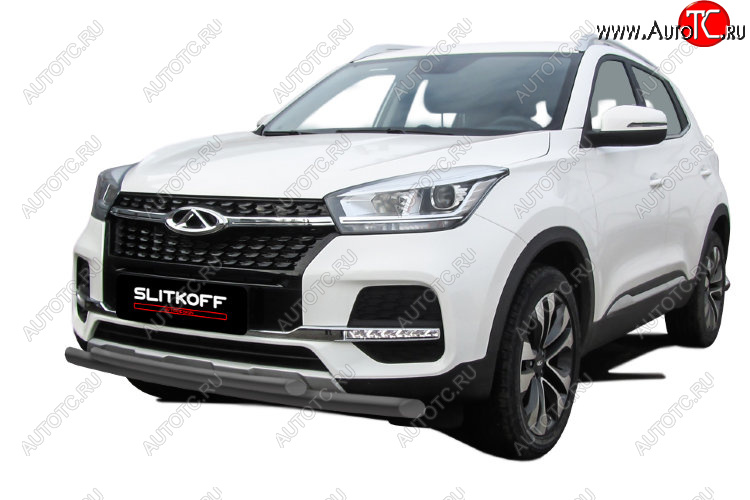 8 599 р. Защита переднего бампера Slitkoff (Ø 57+Ø 42)  Chery Tiggo 4 (2018-2023) 1-ый рестайлинг (Цвет: серебристый)  с доставкой в г. Воронеж