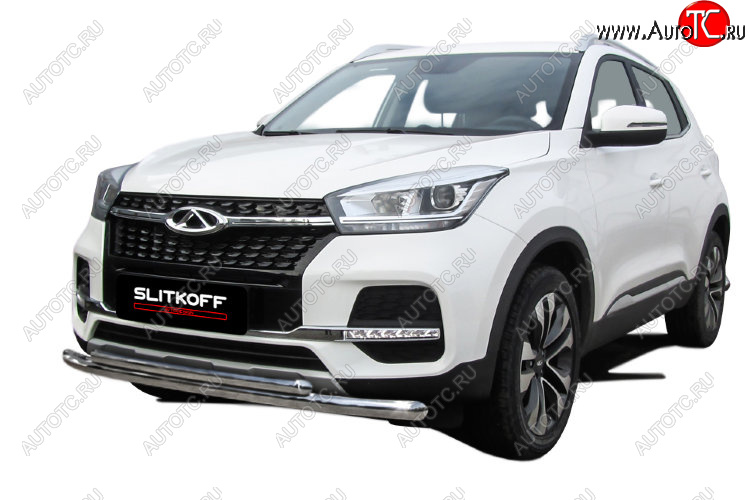 12 299 р. Защита переднего бампера Slitkoff (Ø 57+Ø 42).  Chery Tiggo 4 (2018-2023) 1-ый рестайлинг (Полированная нержавейка)  с доставкой в г. Воронеж
