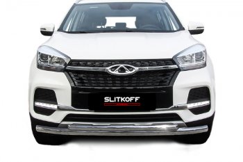 12 299 р. Защита переднего бампера Slitkoff (Ø 57+Ø 42).  Chery Tiggo 4 (2018-2023) 1-ый рестайлинг (Полированная нержавейка)  с доставкой в г. Воронеж. Увеличить фотографию 2