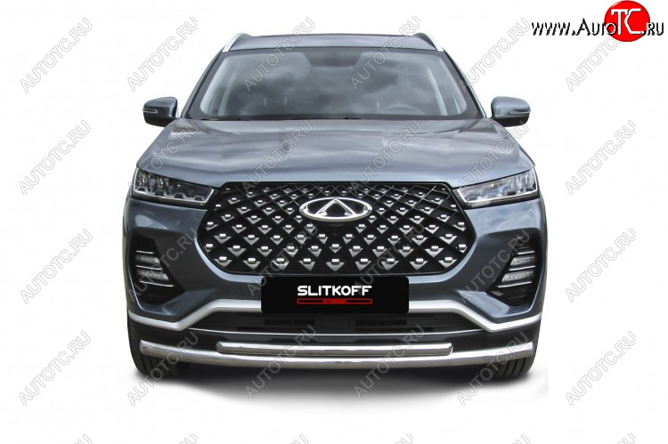 13 899 р. Защита переднего бампера Slitkoff (Ø 57+Ø 42 мм).  Chery Tiggo 7 PRO - Tiggo 7 Pro Max  T1E (Нержавеющая сталь)  с доставкой в г. Воронеж