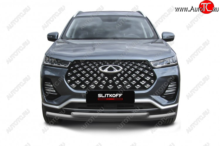 9 899 р. Защита переднего бампера Slitkoff (Ø 57+Ø 42 мм).  Chery Tiggo 7 PRO - Tiggo 7 Pro Max  T1E (Цвет: серебристый)  с доставкой в г. Воронеж