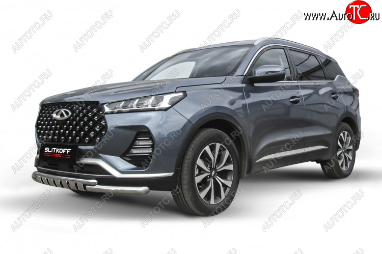 17 299 р. Защита переднего бампера Slitkoff (Ø 57+Ø 42 мм).  Chery Tiggo 7 PRO - Tiggo 7 Pro Max  T1E (Нержавеющая сталь)  с доставкой в г. Воронеж