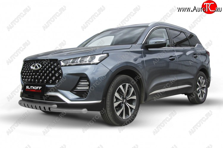 11 999 р. Защита переднего бампера Slitkoff (Ø 57+Ø 42 мм).  Chery Tiggo 7 PRO - Tiggo 7 Pro Max  T1E (Цвет: серебристый)  с доставкой в г. Воронеж