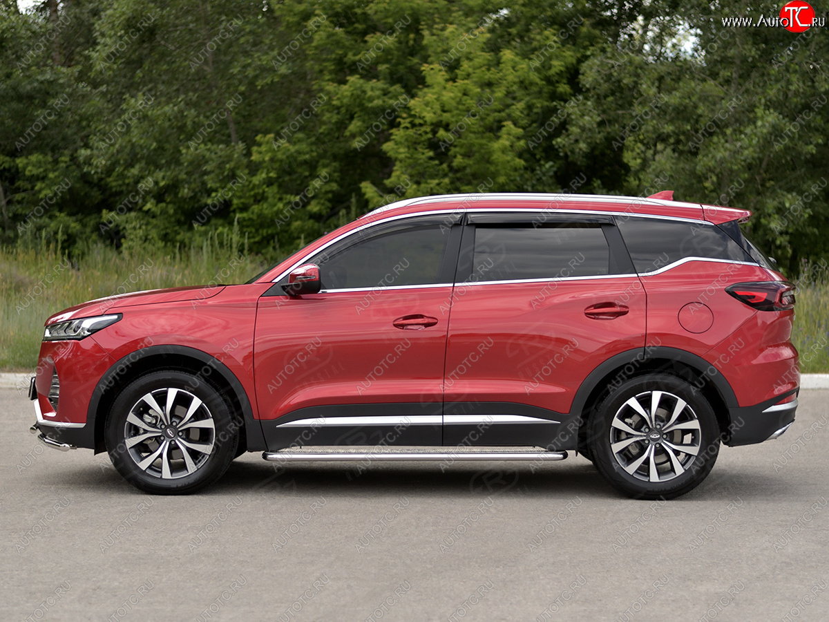 22 999 р. Порожки для ног SLITKOFF (Ø42 мм, с алюминиевым листом)  Chery Tiggo 7 PRO (2019-2025) (Профиль - нержавейка, лист - алюминий)  с доставкой в г. Воронеж