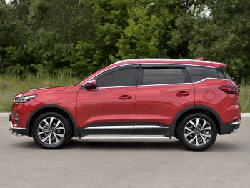 21 999 р. Порожки для ног SLITKOFF (Ø42 мм) Chery Tiggo 7 PRO (2019-2025) (профиль - сталь окрашенная, лист - алюминий)  с доставкой в г. Воронеж. Увеличить фотографию 3