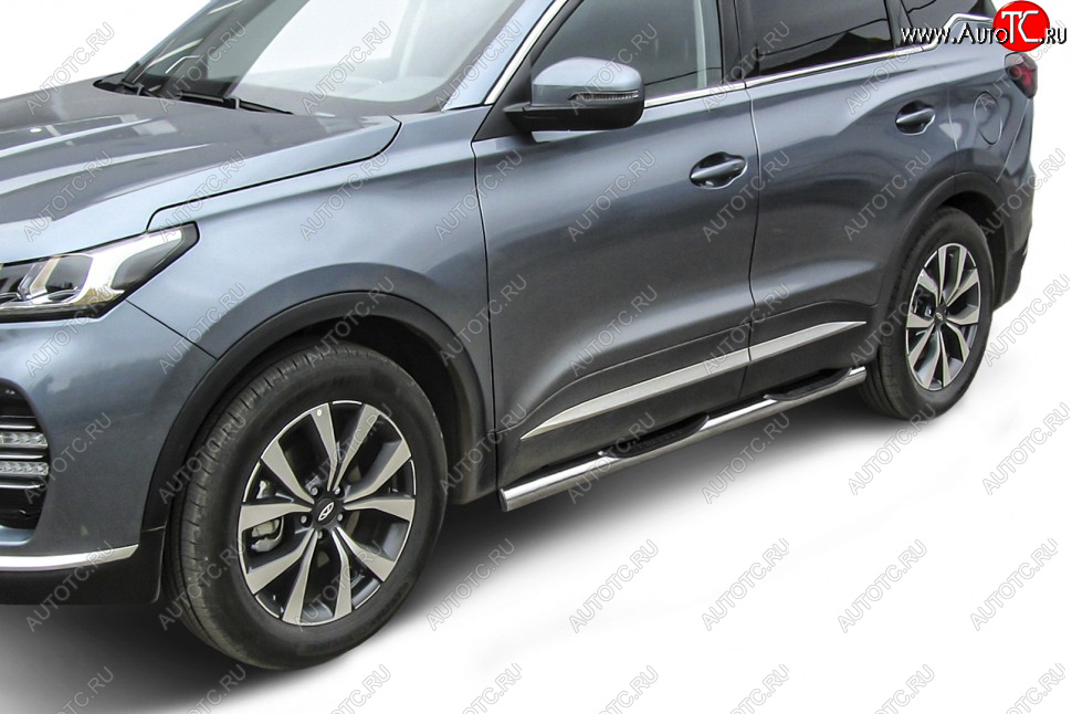 17 899 р. Защита порогов Slitkoff (Ø 76 мм, с проступями)  Chery Tiggo 7 PRO (2019-2025) (Нержавеющая сталь)  с доставкой в г. Воронеж