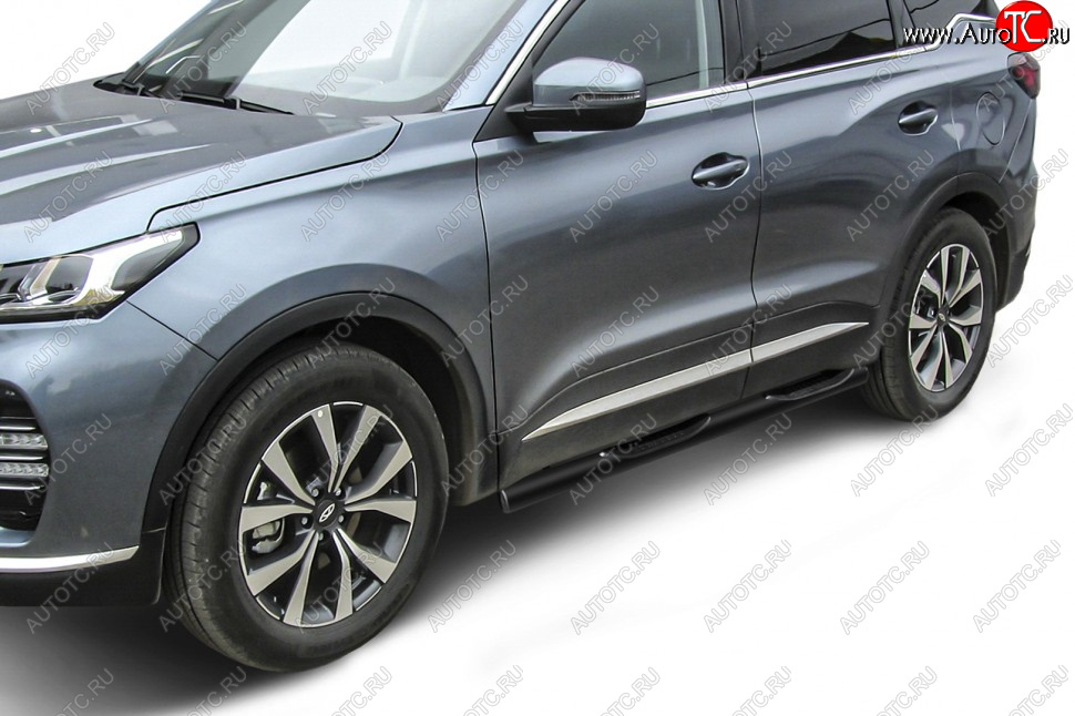 12 499 р. Защита порогов Slitkoff (Ø 76 мм, с проступями).  Chery Tiggo 7 PRO (2019-2025) (Цвет: черный)  с доставкой в г. Воронеж