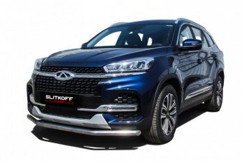 Защита переднего бампера Slitkoff (Ø 57 мм) Chery Tiggo 8  1 T18 (2019-2023) рестайлинг (Полированная нержавейка)