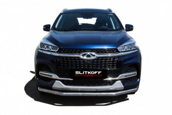 11 599 р. Защита переднего бампера Slitkoff (Ø 57 мм)  Chery Tiggo 8  1 T18 (2019-2023) рестайлинг (Полированная нержавейка)  с доставкой в г. Воронеж. Увеличить фотографию 2