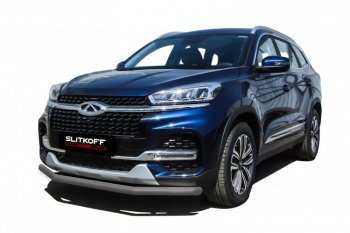 Защита переднего бампера Slitkoff (Ø 57 мм) Chery Tiggo 8  1 T18 (2019-2023) рестайлинг (Цвет: серебристый)