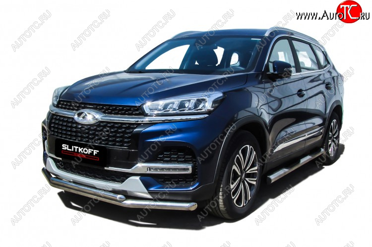 13 899 р. Защита переднего бампера Slitkoff (Ø 57+Ø 42).  Chery Tiggo 8  1 T18 (2019-2023) рестайлинг (Полированная нержавейка)  с доставкой в г. Воронеж