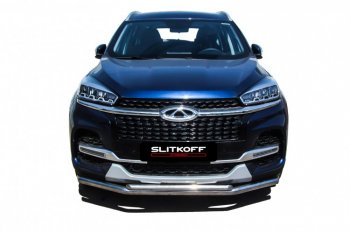 13 899 р. Защита переднего бампера Slitkoff (Ø 57+Ø 42).  Chery Tiggo 8  1 T18 (2019-2023) рестайлинг (Полированная нержавейка)  с доставкой в г. Воронеж. Увеличить фотографию 2