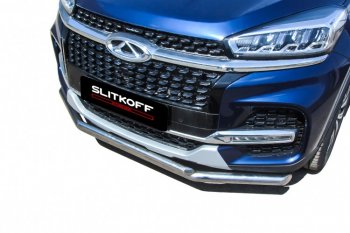 13 899 р. Защита переднего бампера Slitkoff (Ø 57+Ø 42).  Chery Tiggo 8  1 T18 (2019-2023) рестайлинг (Полированная нержавейка)  с доставкой в г. Воронеж. Увеличить фотографию 3