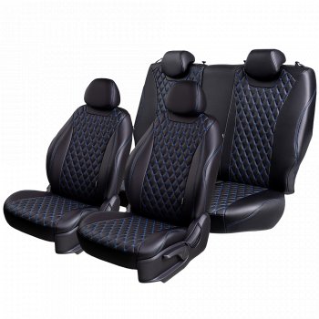 10 499 р. Чехлы для сидений Lord Autofashion Турин Ромб (экокожа, спинка и сиденья 60/40, 2 П-образных подголовника)  Chery Tiggo T11 (2013-2016), Vortex Tingo (2010-2014) (Черный, вставка черная, строчка синяя)  с доставкой в г. Воронеж. Увеличить фотографию 2