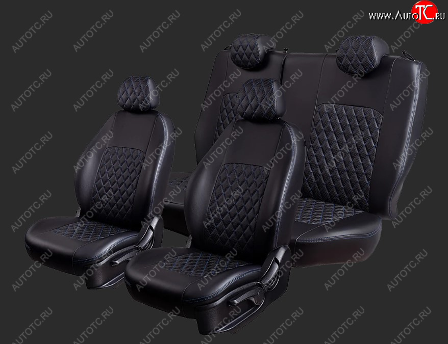 7 199 р. Чехлы для сидений Lord Autofashion Турин Ромб (Экокожа, раздельные спинка и сиденье 50/50, 2 П-образных подголовника)  Chery Tiggo T11 (2005-2013) дорестайлинг (Черный, вставка черная, строчка синяя)  с доставкой в г. Воронеж