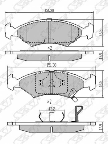 Колодки тормозные SAT (передние, без ABS) Chevrolet (Шевролет) Captiva (Каптива) (2011-2016), KIA (КИА) Sportage (Спортаж)  1 JA (1993-2006), Ravon (Рэйвон) R4 (Р4) (2016-2020)