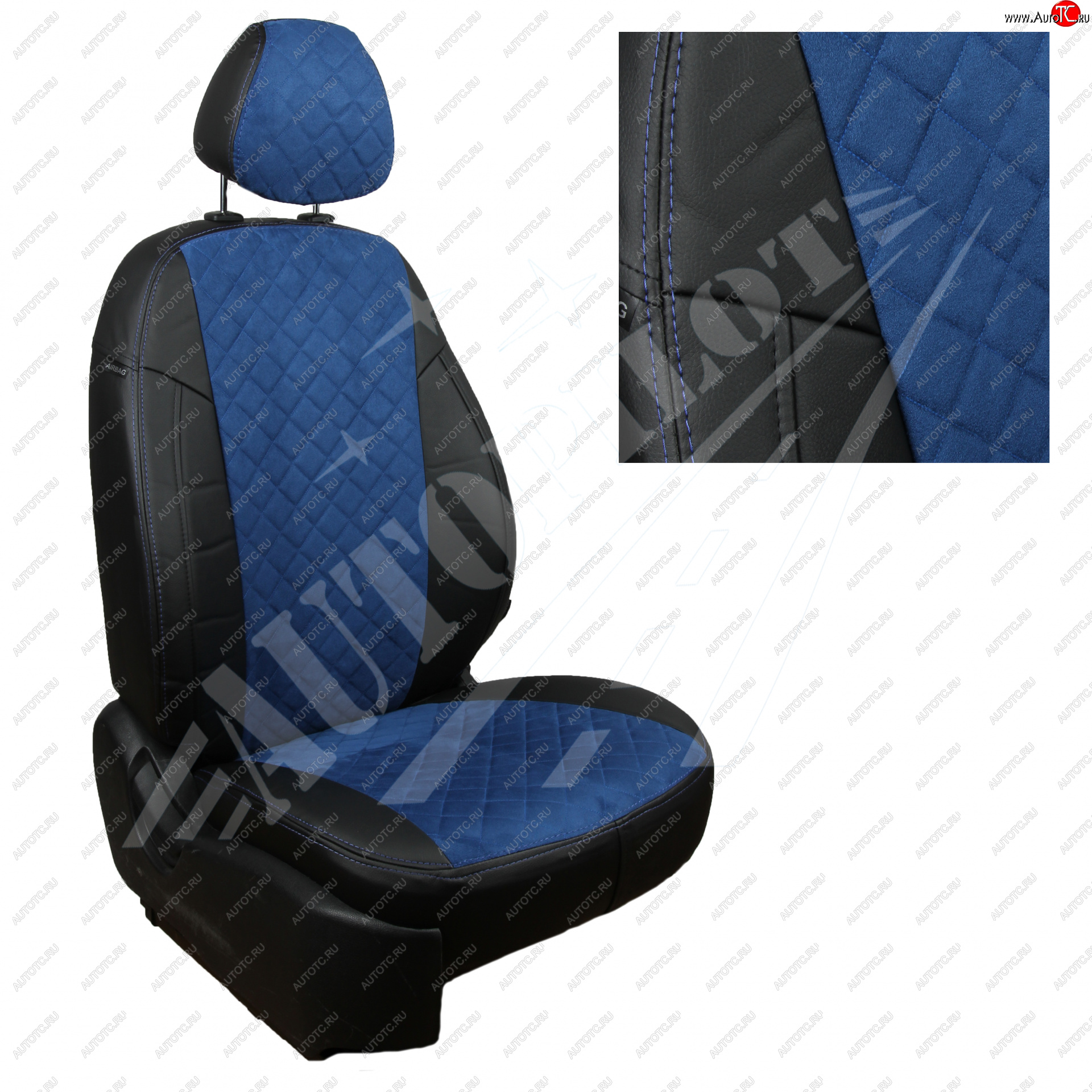 8 749 р. Чехлы сидений AUTOPILOT Алькантара Ромб (задние спинка и сиденье 60/40  Chevrolet Spark  M300 (2010-2022) дорестайлинг, 2-ой рестайлинг (Черный + Синий)  с доставкой в г. Воронеж