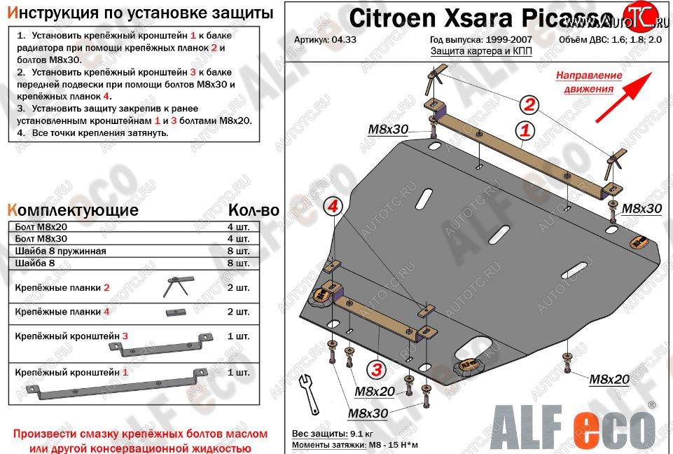 10 549 р. Защита картера двигателя и КПП (V-1.6; 1.8; 2.0) Alfeco  CITROEN Xsara picasso (1999-2012) (Алюминий 3 мм)  с доставкой в г. Воронеж