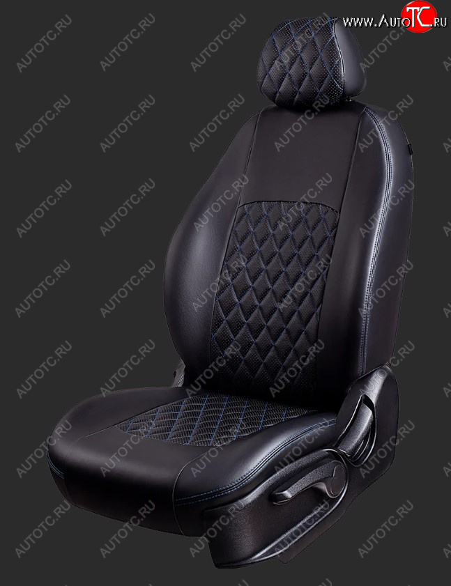 7 199 р. Чехлы для сидений Lord Autofashion Турин Ромб (экокожа, сплошная спинка)  Daewoo Nexia  дорестайлинг (1995-2008) (Черный, вставка черная, строчка синяя)  с доставкой в г. Воронеж