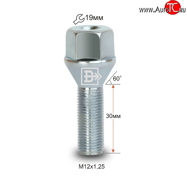 60 р. Колёсный болт длиной 30 мм Вектор M12 1.25 30 под гаечный ключ Peugeot 301 (2012-2017)