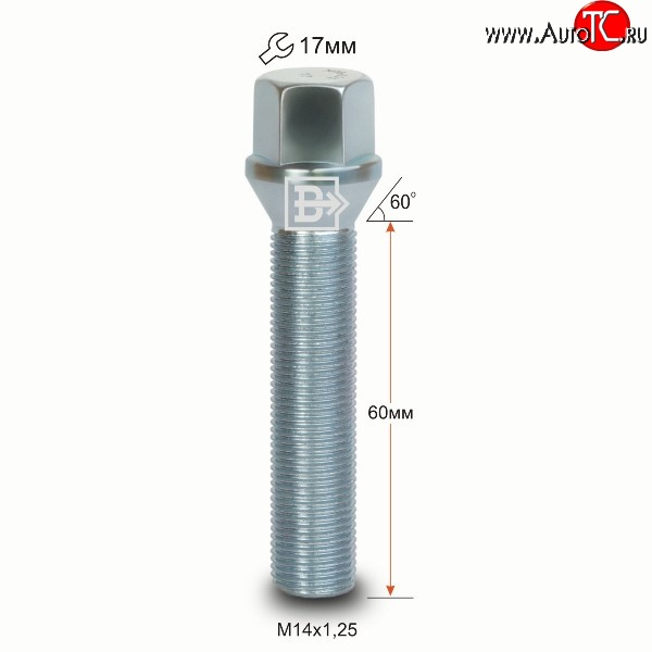 204 р. Колёсный болт длиной 60 мм Вектор M14 1.25 60 под гаечный ключ Mini Cabrio R57 рестайлинг (2009-2015)