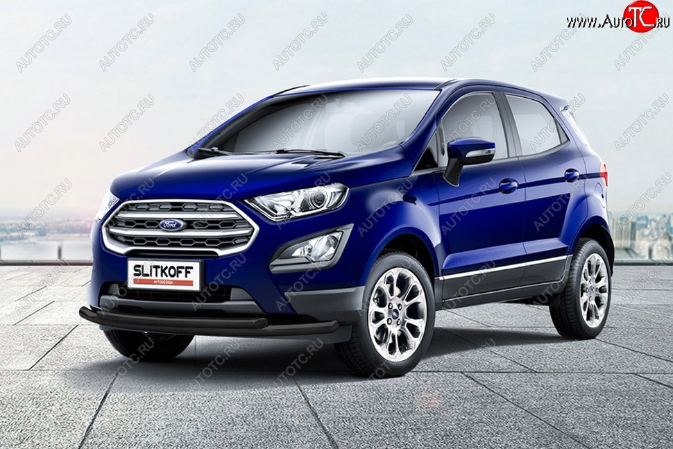 10 299 р. Защита переднего бампера Slitkoff (двойная, d57/42) Ford EcoSport B515 рестайлинг (2017-2019) (Сталь с полимерным покрытием. Цвет: чёрный)  с доставкой в г. Воронеж