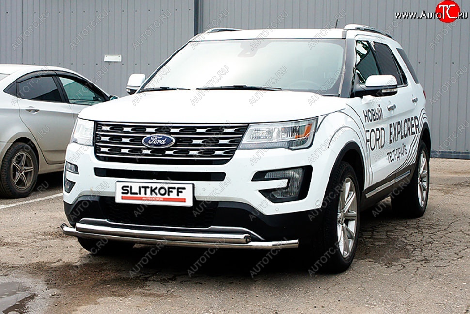 16 899 р. Защита переднего бампера Slitkoff (двойная, d57/57 мм)  Ford Explorer  U502 (2015-2018) 1-ый рестайлинг, 5 дв. (Нержавейка, Полированная)  с доставкой в г. Воронеж