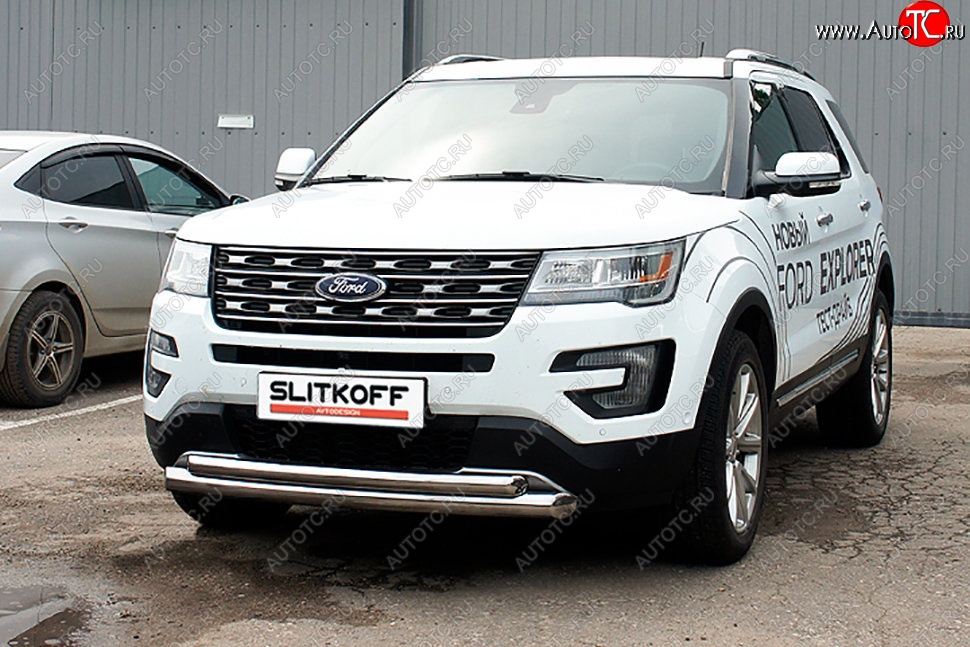 19 449 р. Защита переднего бампера Slitkoff (двойная, d76/57 мм)  Ford Explorer  U502 (2015-2018) 1-ый рестайлинг, 5 дв. (Нержавейка, Полированная)  с доставкой в г. Воронеж
