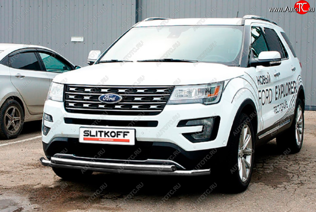 11 849 р. Защита переднего бампера Slitkoff (двойная, Ø57/57 мм)  Ford Explorer  U502 (2015-2018) 1-ый рестайлинг, 5 дв. (Цвет: серебристый)  с доставкой в г. Воронеж