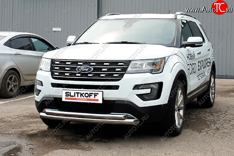 13 599 р. Защита переднего бампера Slitkoff (Ø 76+Ø 57). Ford Explorer U502 1-ый рестайлинг, 5 дв. (2015-2018) (Цвет: серебристый)  с доставкой в г. Воронеж