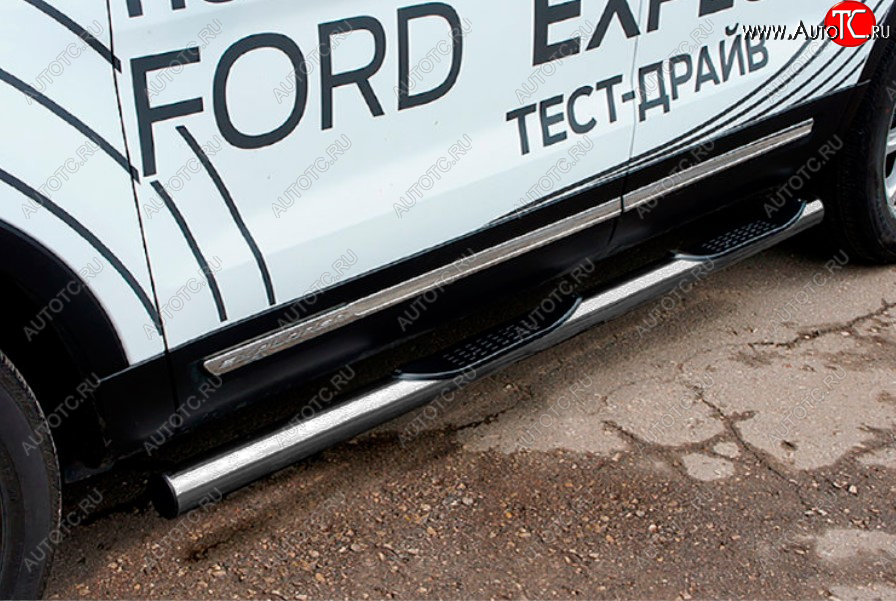 16 949 р. Защита порогов Slitkoff (Ø 76 мм, с проступями)  Ford Explorer  U502 (2015-2018) 1-ый рестайлинг, 5 дв. (Цвет: серебристый)  с доставкой в г. Воронеж