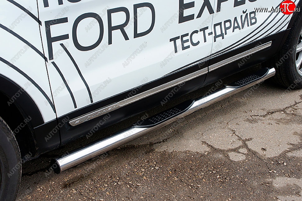 23 999 р. Защита порогов Slitkoff (d76, с проступями)  Ford Explorer  U502 (2017-2019) 2-ой рестайлинг, 5 дв. (Нержавейка, Полированная)  с доставкой в г. Воронеж