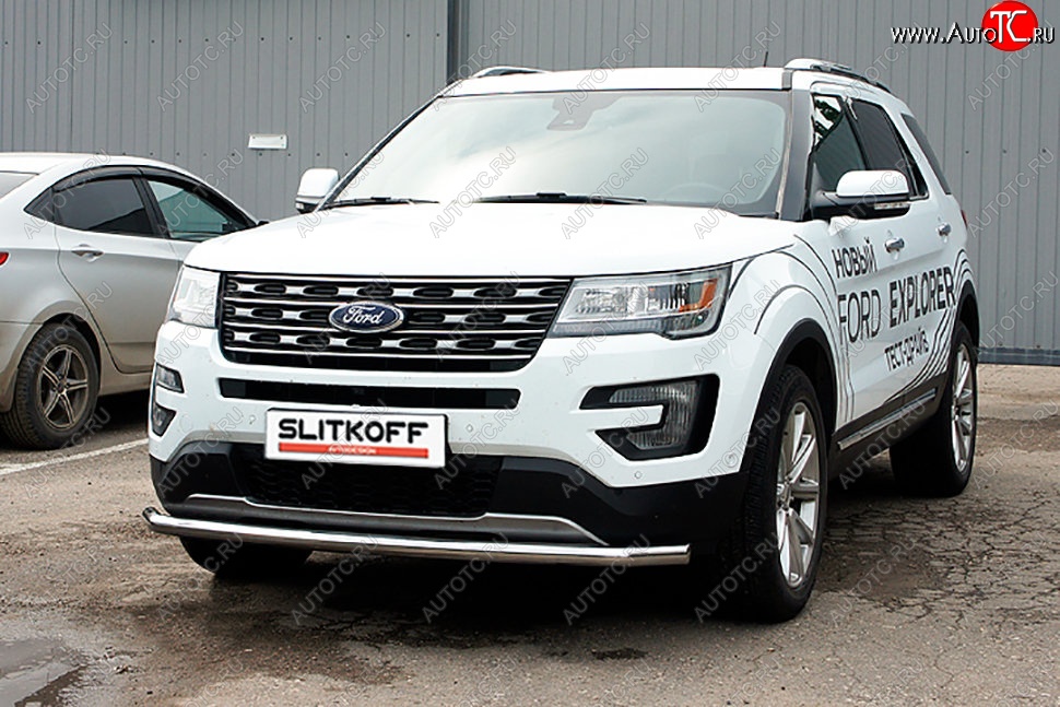 13 549 р. Защита переднего бампера Slitkoff (d57 мм)  Ford Explorer  U502 (2017-2019) 2-ой рестайлинг, 5 дв. (Нержавейка, Полированная)  с доставкой в г. Воронеж