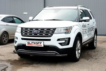 16 899 р. Защита переднего бампера Slitkoff (двойная, d57/57 мм)  Ford Explorer  U502 (2017-2019) 2-ой рестайлинг, 5 дв. (Нержавейка, Полированная)  с доставкой в г. Воронеж. Увеличить фотографию 2