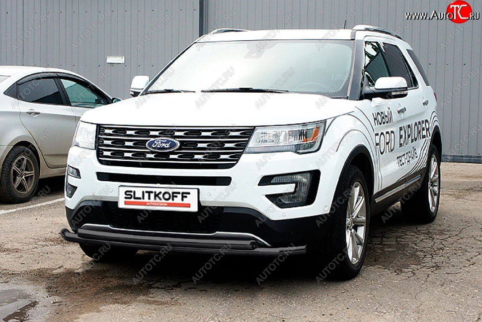 11 849 р. Защита переднего бампера Slitkoff (двойная, d57/57 мм) Ford Explorer U502 2-ой рестайлинг, 5 дв. (2017-2019) (Сталь с полимерным покрытием. Цвет: чёрный)  с доставкой в г. Воронеж
