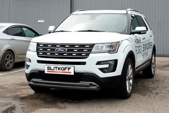 19 449 р. Защита переднего бампера Slitkoff (двойная, d76/57 мм)  Ford Explorer  U502 (2017-2019) 2-ой рестайлинг, 5 дв. (Нержавейка, Полированная)  с доставкой в г. Воронеж. Увеличить фотографию 2