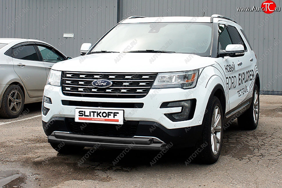 13 599 р. Защита переднего бампера Slitkoff (двойная, d76/57 мм) Ford Explorer U502 2-ой рестайлинг, 5 дв. (2017-2019) (Сталь с полимерным покрытием. Цвет: чёрный)  с доставкой в г. Воронеж