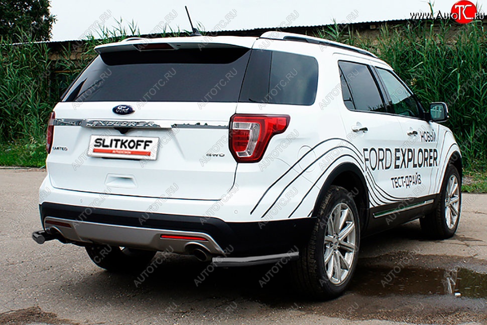 7 749 р. Защита заднего бампера Slitkoff (d57 мм, уголки)  Ford Explorer  U502 (2017-2019) 2-ой рестайлинг, 5 дв. (Сталь с полимерным покрытием. Цвет: чёрный)  с доставкой в г. Воронеж