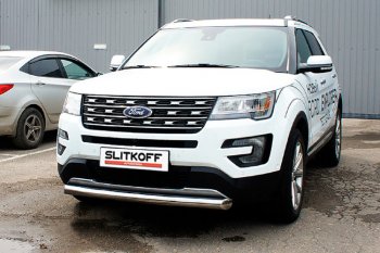 Защита переднего бампера Slitkoff (Ø 76 мм) Ford Explorer U502 2-ой рестайлинг, 5 дв. (2017-2019) (Цвет: серебристый)