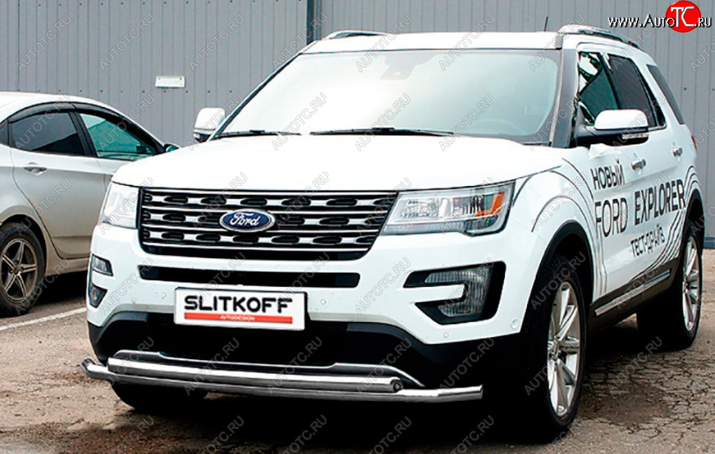 11 849 р. Защита переднего бампера Slitkoff (Ø 57+Ø 57, двойная).  Ford Explorer  U502 (2017-2019) 2-ой рестайлинг, 5 дв. (Сталь с полимерным покрытием. Цвет: серебристый)  с доставкой в г. Воронеж