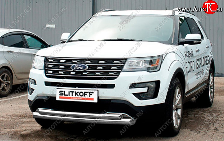 13 599 р. Защита переднего бампера Slitkoff (Ø 76+Ø 57, двойная).  Ford Explorer  U502 (2017-2019) 2-ой рестайлинг, 5 дв. (Сталь с полимерным покрытием. Цвет: серебристый)  с доставкой в г. Воронеж