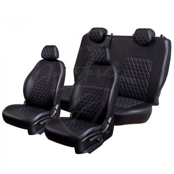 7 199 р. Чехлы для сидений Lord Autofashion Турин Ромб (экокожа)  Ford Focus  2 (2004-2011)  седан дорестайлинг, универсал дорестайлинг, хэтчбэк 3 дв. дорестайлинг, хэтчбэк 5 дв. дорестайлинг, седан рестайлинг, универсал рестайлинг, хэтчбэк 3 дв. рестайлинг, хэтчбэк 5 дв. рестайлинг (Черный, вставка черная, строчка синяя)  с доставкой в г. Воронеж. Увеличить фотографию 4