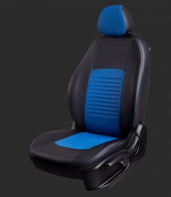 Чехлы для сидений Lord Autofashion Турин (экокожа, Ghia/Titanium, спинка и сиденье 60/40+ подлокотник, 3 Г-образных подголовника) Ford Focus 3 универсал дорестайлинг (2010-2015) (Черный, вставка синяя)